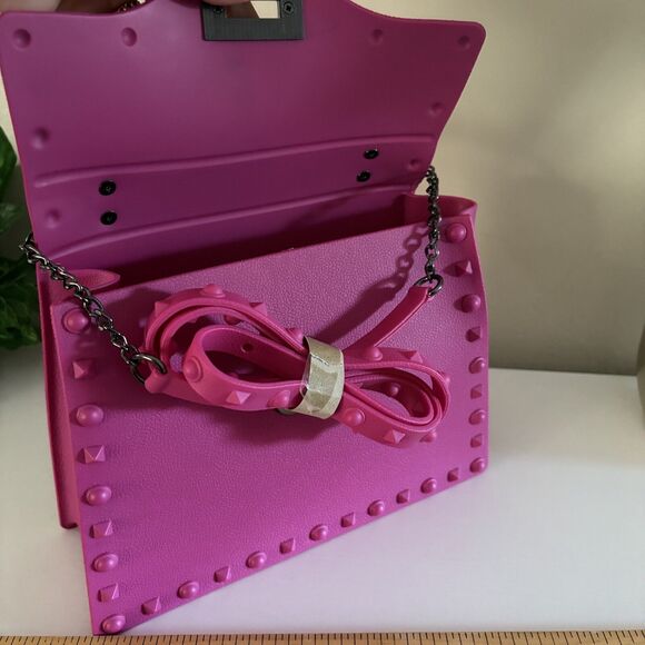 Hot Pink Handbag Spiky Studded Over Flap Top Handle Purse Bold Shoulder Strap - Picture 6 of 9